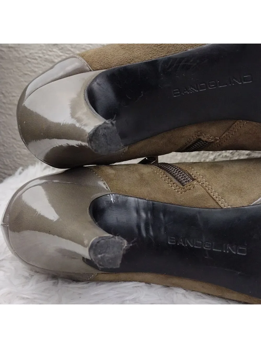 Bandolino Cardinal Taupe Suede Patent Leather Almond Toe High Heel Ankle Bootie
